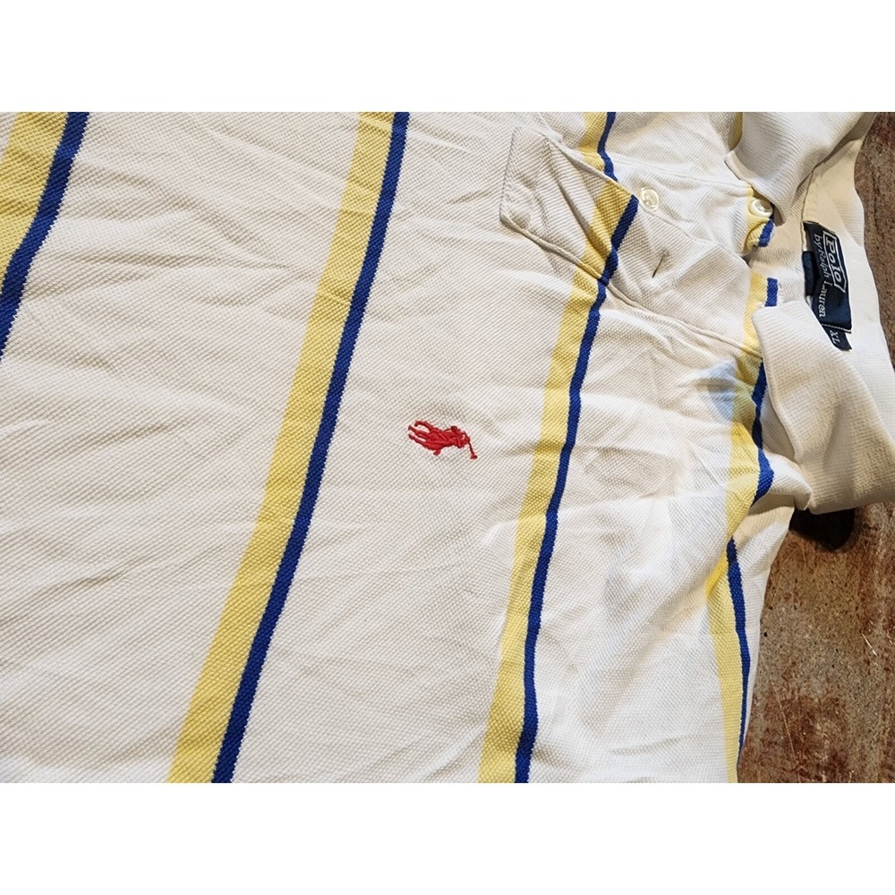 Vintage Polo Ralph Lauren Short Sleeve Striped White Blue Yellow Polo Sz XL **